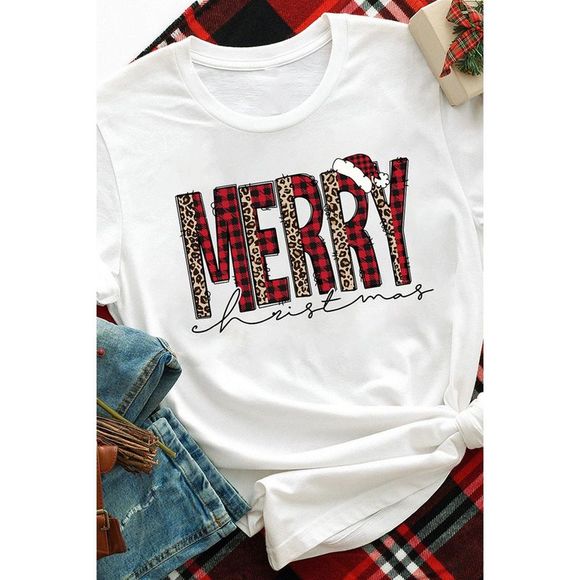 Azura Exchange  White Plaid Leopard MERRY Christmas Print T Shirt - Picture 12 of 15